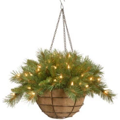 Christmas Central 20" Pre-Lit Battery-Operated Tiffany Fir Artificial Christmas Hanging Basket - Warm White LED Lights