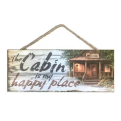 Christmas Central Gray And Brown Cabin Happy Place Rectangular Wall Sign With Rope Hanger 4" X 10"