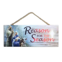 Christmas Central Red And Blue Reason For The Season Christmas Rectangular Sign With Rope Hanger 4" X 10"