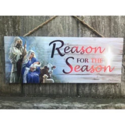 Christmas Central Red And Blue Reason For The Season Christmas Rectangular Sign With Rope Hanger 4" X 10" -Christmas Central dglow a1012 3 00933.1587644198