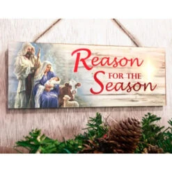 Christmas Central Red And Blue Reason For The Season Christmas Rectangular Sign With Rope Hanger 4" X 10" -Christmas Central dglow a1012 4 43903.1587644198