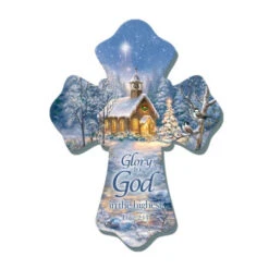 Christmas Central 8" Blue And Brown Chapel In The Snow Biblical Quoted Wall Cross