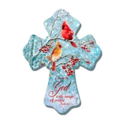 Christmas Central 8" Blue And Red Winter Cardinal Birds Biblical Quoted Wall Cross