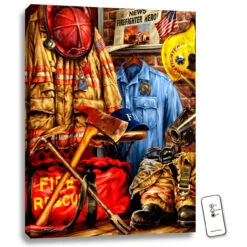 Christmas Central 24" X 18" Red And Blue Hometown Hero Firefighter Backlit LED Wall Art With Remote Control