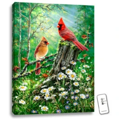 Christmas Central 24" X 18" Green And Red Cardinal Birds Back-lit Wall Art With Remote Control
