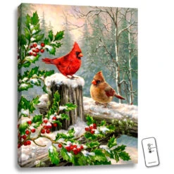 Christmas Central 24" X 18" Green And White Winter Birds Back-lit Wall Art With Remote Control