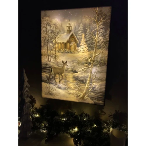 Christmas Central 24" X 18" Blue And White Chapel In The Snow Back-lit Wall Art With Remote Control 4 Christmas Central 24" X 18" Blue And White Chapel In The Snow Back-lit Wall Art With Remote Control - Image 2