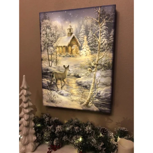 Christmas Central 24" X 18" Blue And White Chapel In The Snow Back-lit Wall Art With Remote Control 5 Christmas Central 24" X 18" Blue And White Chapel In The Snow Back-lit Wall Art With Remote Control - Image 3
