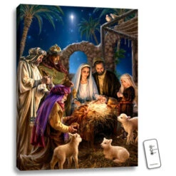 Christmas Central 24" X 18" Blue And Brown Jesus In The Manger Back-Lit Wall Art With Remote Control