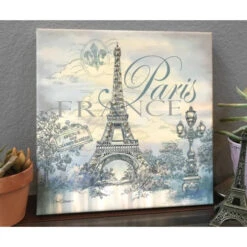 Christmas Central Cream White And Gray Eiffel Tower With Swarovski Crystals Square Pizazz Wall Art Decor 10" X 10"