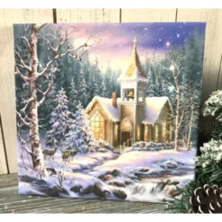 Christmas Central White And Brown Christmas Chapel Pizazz Print Framed Wall Decor 10" X 10"