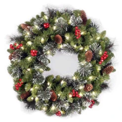 Christmas Central 24" Pre-lit Silver Bristle, Pine Cones And Red Berries Battery Operated Artificial Christmas Wreath - LED Lights