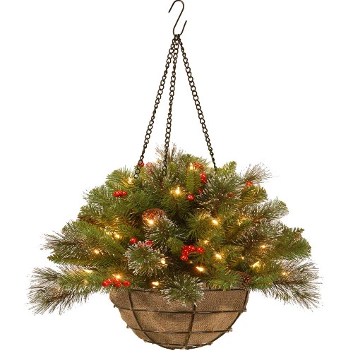 Christmas Central 20" Pre-Lit Artificial Pine Christmas Hanging Basket With Berries - Warm White LED Lights/BO 3 Christmas Central 20" Pre-Lit Artificial Pine Christmas Hanging Basket With Berries - Warm White LED Lights/BO
