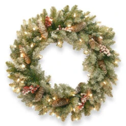 Christmas Central Pre-Lit Dunhill Fir Artificial Christmas Wreath With Red Berries – 24-Inch Clear Lights