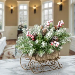 Christmas Central 10" Gold And Green Fir Sleigh Unlit Tabletop Christmas Decor -Christmas Central dnat duf3 800 10 1 03 83831.1587645158