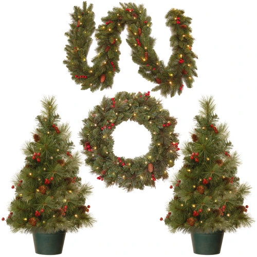 Christmas Central Set Of 4 Pre-Lit Artificial Christmas Set, Warm White LED Lights, 9' 3 Christmas Central Set Of 4 Pre-Lit Artificial Christmas Set, Warm White LED Lights, 9'