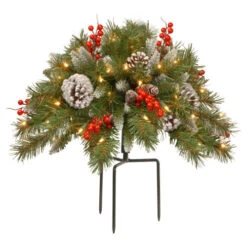 Christmas Central 18" Pre-Lit Frosted Berry Urn Filler Christmas Garden Stakes, Warm LED Lights