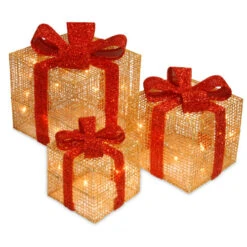 Christmas Central Set Of 3 Pre-Lit Christmas Gift Boxes, Clear Lights