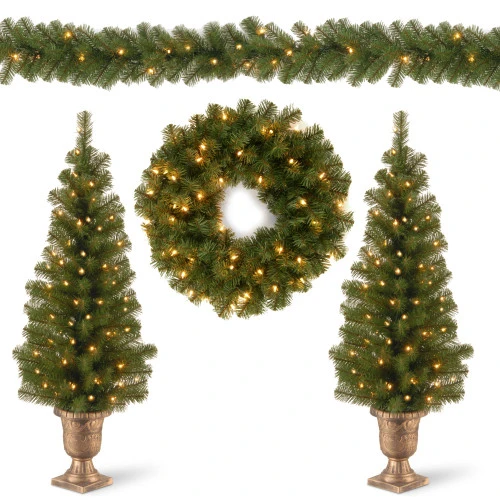 Christmas Central Set Of 4 Pre-Lit Evergreen Artificial Christmas Set, 50 Warm White LED Lights, 9' 3 Christmas Central Set Of 4 Pre-Lit Evergreen Artificial Christmas Set, 50 Warm White LED Lights, 9'
