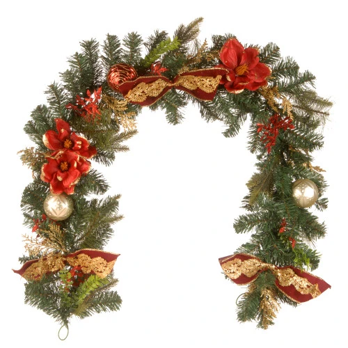 Christmas Central 6' X 1" Evergreen With Ball Ornaments, Poinsettia, And Bow Artificial Christmas Garland, Unlit 3 Christmas Central 6' X 1" Evergreen With Ball Ornaments, Poinsettia, And Bow Artificial Christmas Garland, Unlit