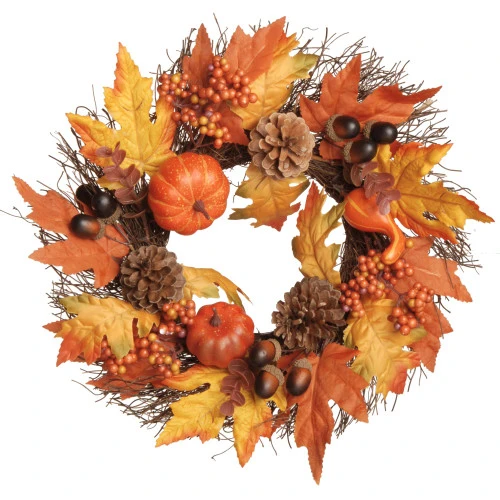 Christmas Central Pumpkins And Maple Leaves Halloween Wreath, Orange And Yellow 16-Inch 3 Christmas Central Pumpkins And Maple Leaves Halloween Wreath, Orange And Yellow 16-Inch