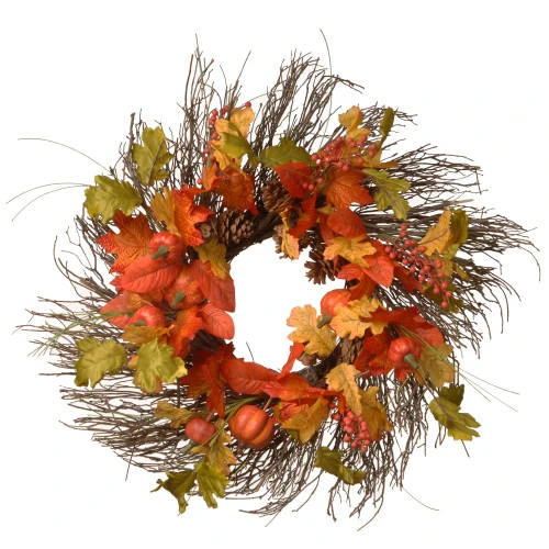 Christmas Central Orange And Green Maple Leaves Artificial Autumn Wreath - 26-Inch, Unlit 3 Christmas Central Orange And Green Maple Leaves Artificial Autumn Wreath - 26-Inch, Unlit