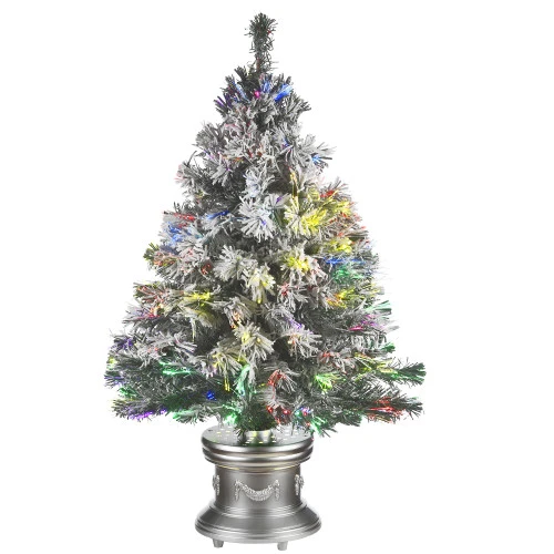 Christmas Central 3' Pre-lit Potted Evergreen Flocked Artificial Christmas Tree, Fiber Optic Lights 3 Christmas Central 3' Pre-lit Potted Evergreen Flocked Artificial Christmas Tree, Fiber Optic Lights