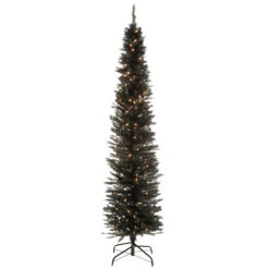 Christmas Central 6’ Pre-Lit Pencil Black Tinsel Artificial Christmas Tree, White Lights