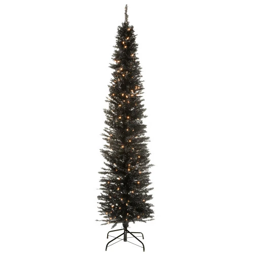 Christmas Central 6’ Pre-Lit Pencil Black Tinsel Artificial Christmas Tree, White Lights 3 Christmas Central 6’ Pre-Lit Pencil Black Tinsel Artificial Christmas Tree, White Lights