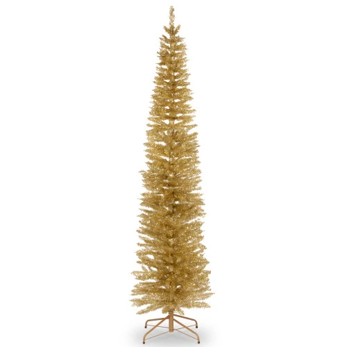 Christmas Central 7' Pencil Champagne Gold Tinsel Artificial Christmas Tree, Unlit 3 Christmas Central 7' Pencil Champagne Gold Tinsel Artificial Christmas Tree, Unlit