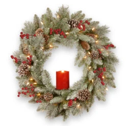 Christmas Central Pre-Lit Snowy Bristle Berry Artificial Christmas Wreath, 24-Inch, White LED Lights