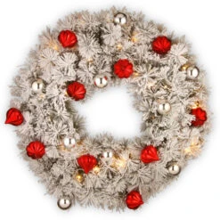 Christmas Central Pre-Lit Snowy Bristle Pine Wreath, 30-Inch, Warm White LED Lights